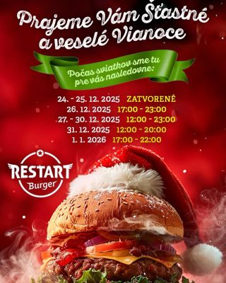 Milí Restarťáci, prajeme vám Vianoce plné pohody, smiechu a chvíľ, ktoré chutia rovnako dobre ako váš obľúbený burger....